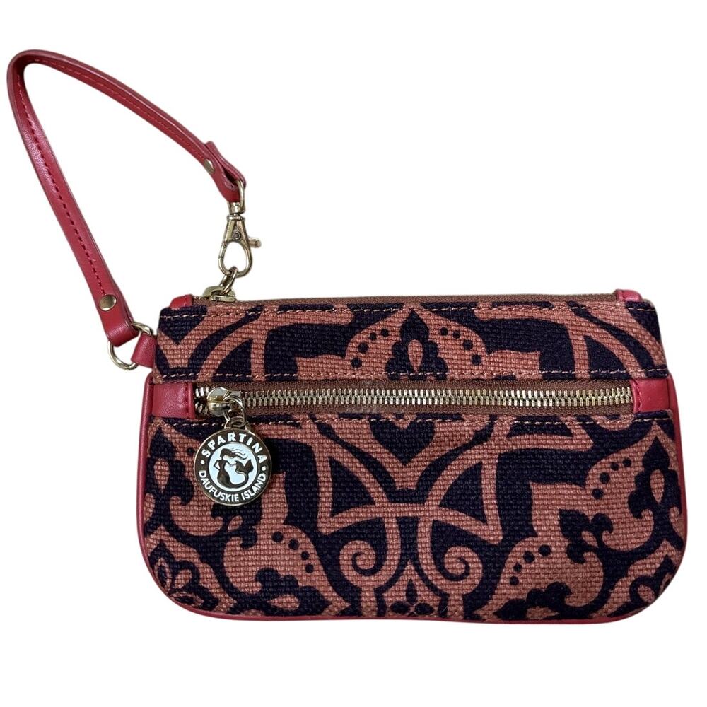 Spartina 449 Purple‎ Orange Linen Leather Zip Wristlet Mermaid Charm Pouch